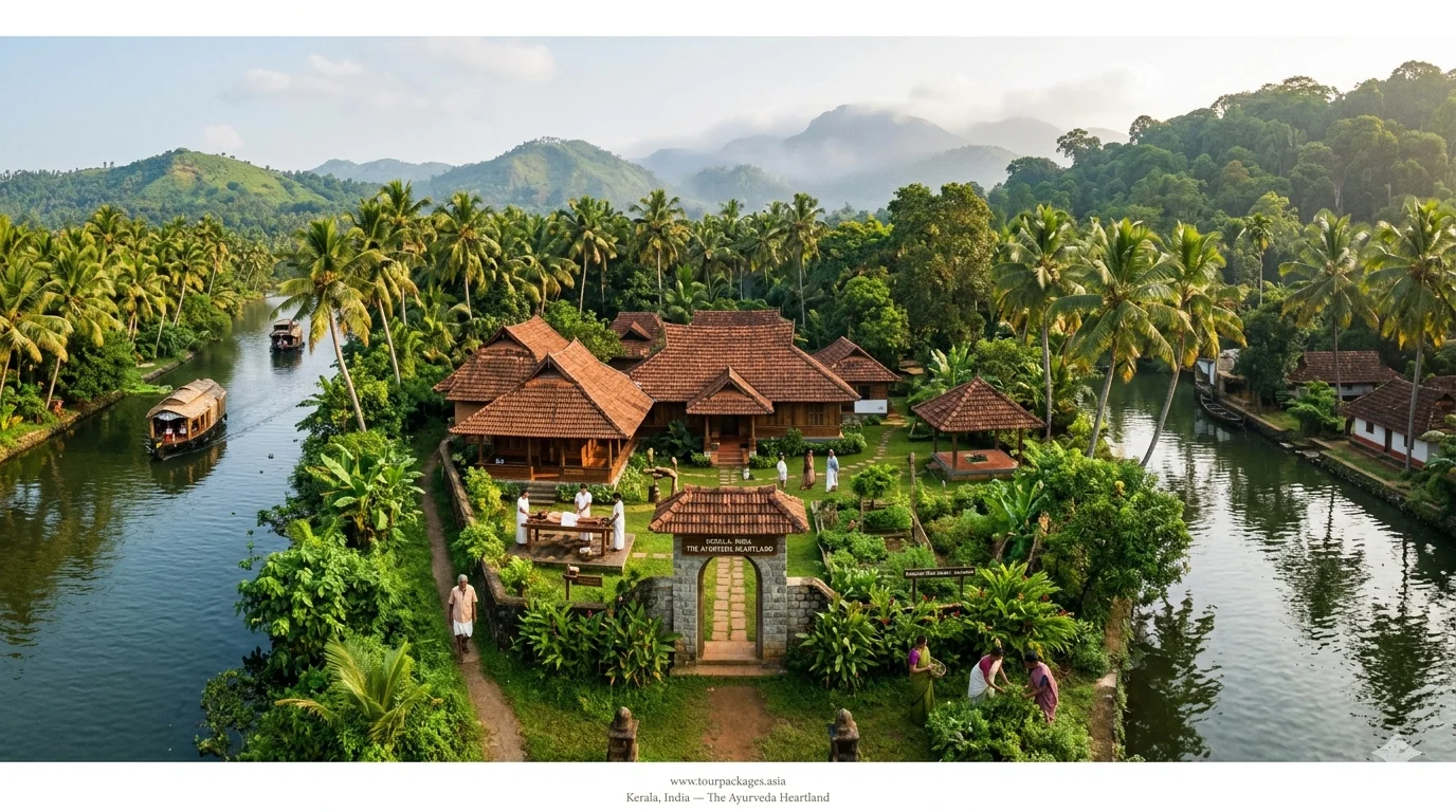 Wellness and mindful travel Asia 2026 — Ayurveda Kerala yoga Rishikesh forest bathing Japan
