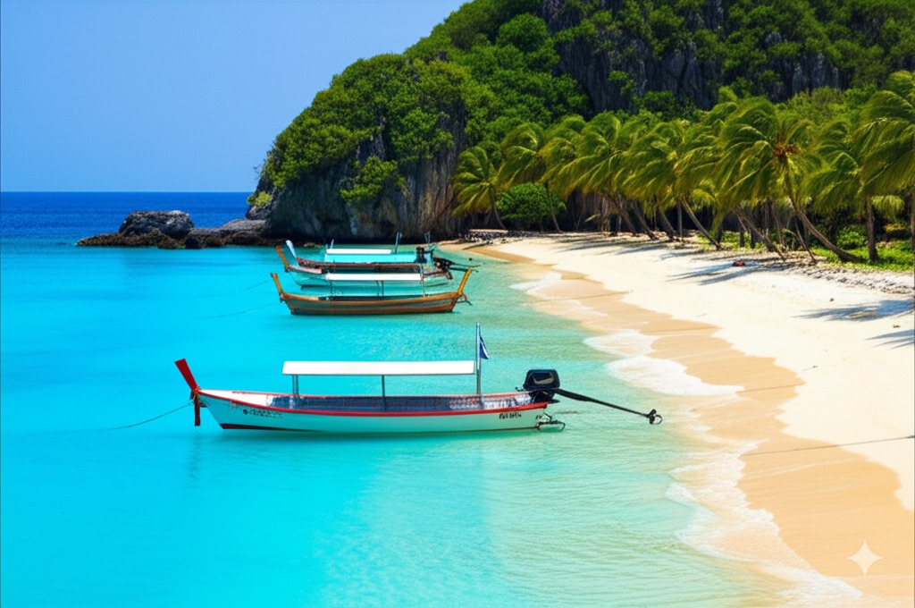 Scenic beach view on one of the Gili Islands with clear blue water and traditional boats.