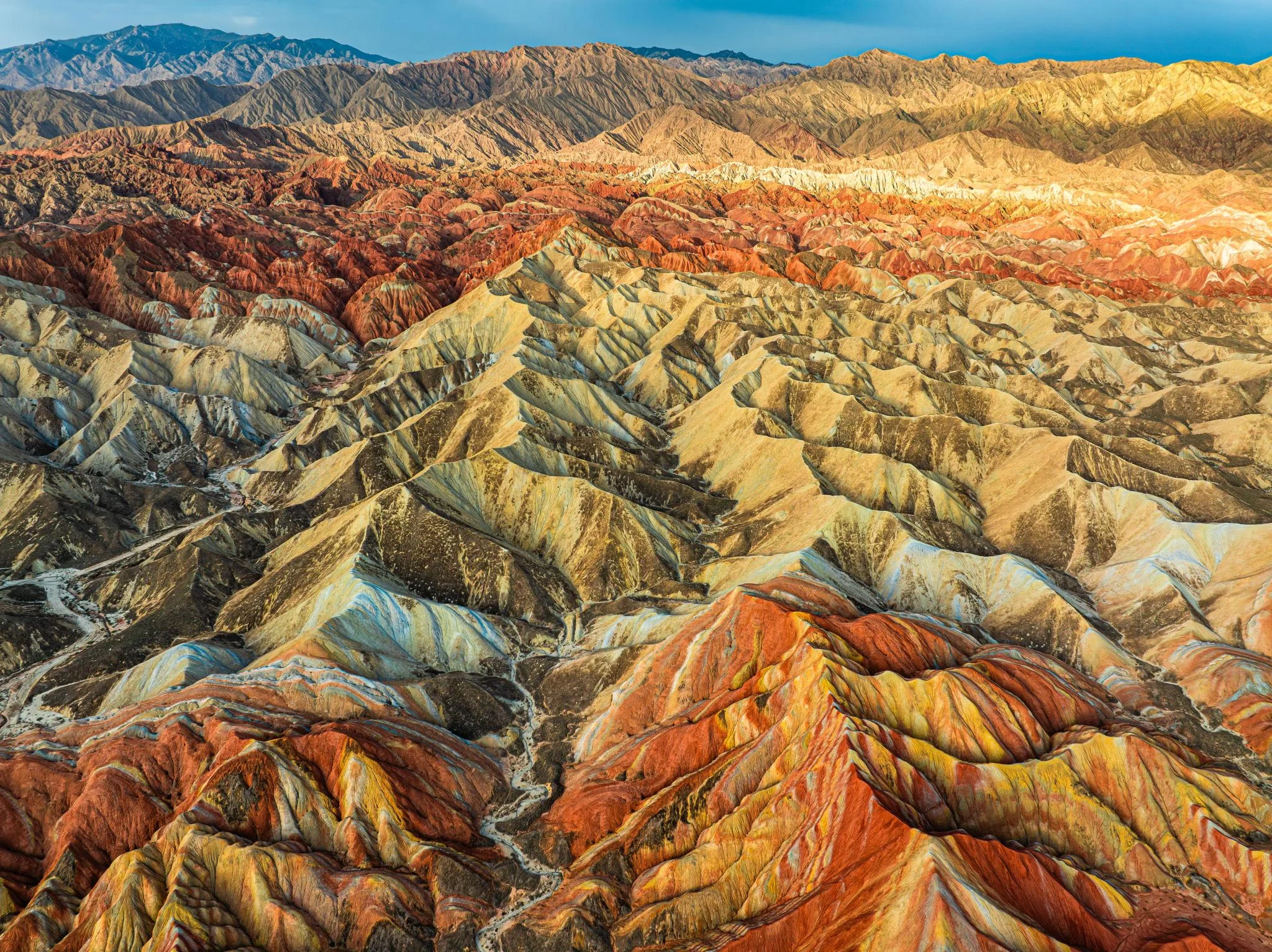 Zhangye Danxia Rainbow Mountains aerial view China red stripes