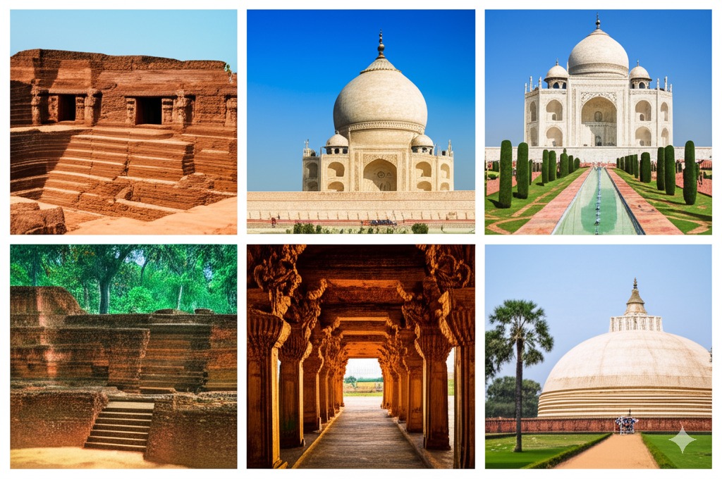 Collage of historical sites in Southern Asia: Mohenjo-daro ruins, Taj Mahal, Angkor Wat, and ancient Sri Lankan stupa