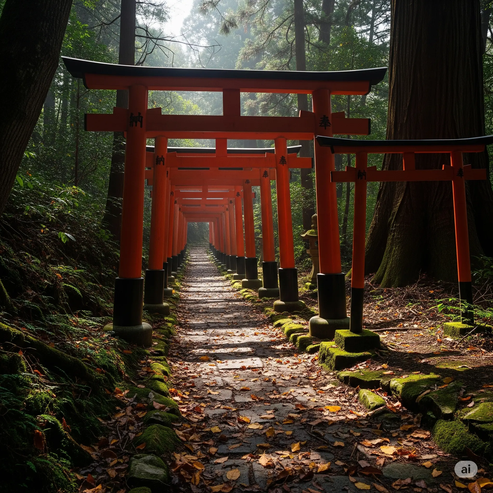 A secluded, moss-covered path with small torii gates at Fushimi Inari
