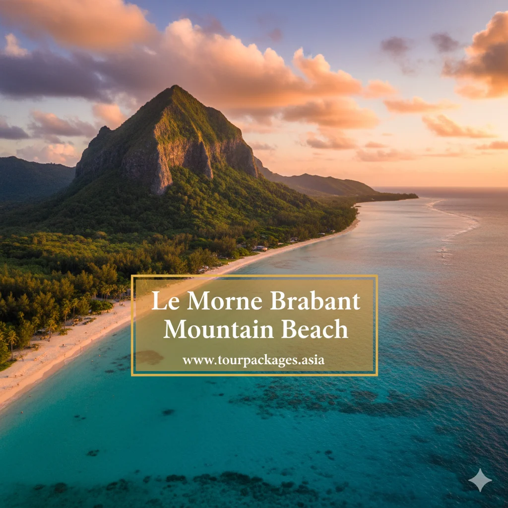 The dramatic Le Morne Brabant mountain on a beach in Mauritius.