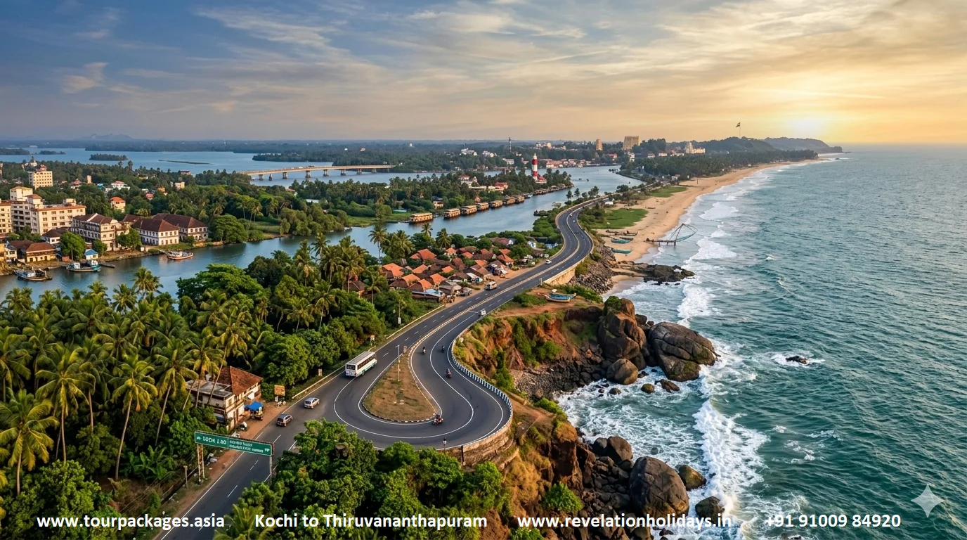 Kochi to Thiruvananthapuram Kerala Malabar Coast highway — NH66 through coconut palm groves, backwater canals and the Arabian Sea shoreline of God's Own Country