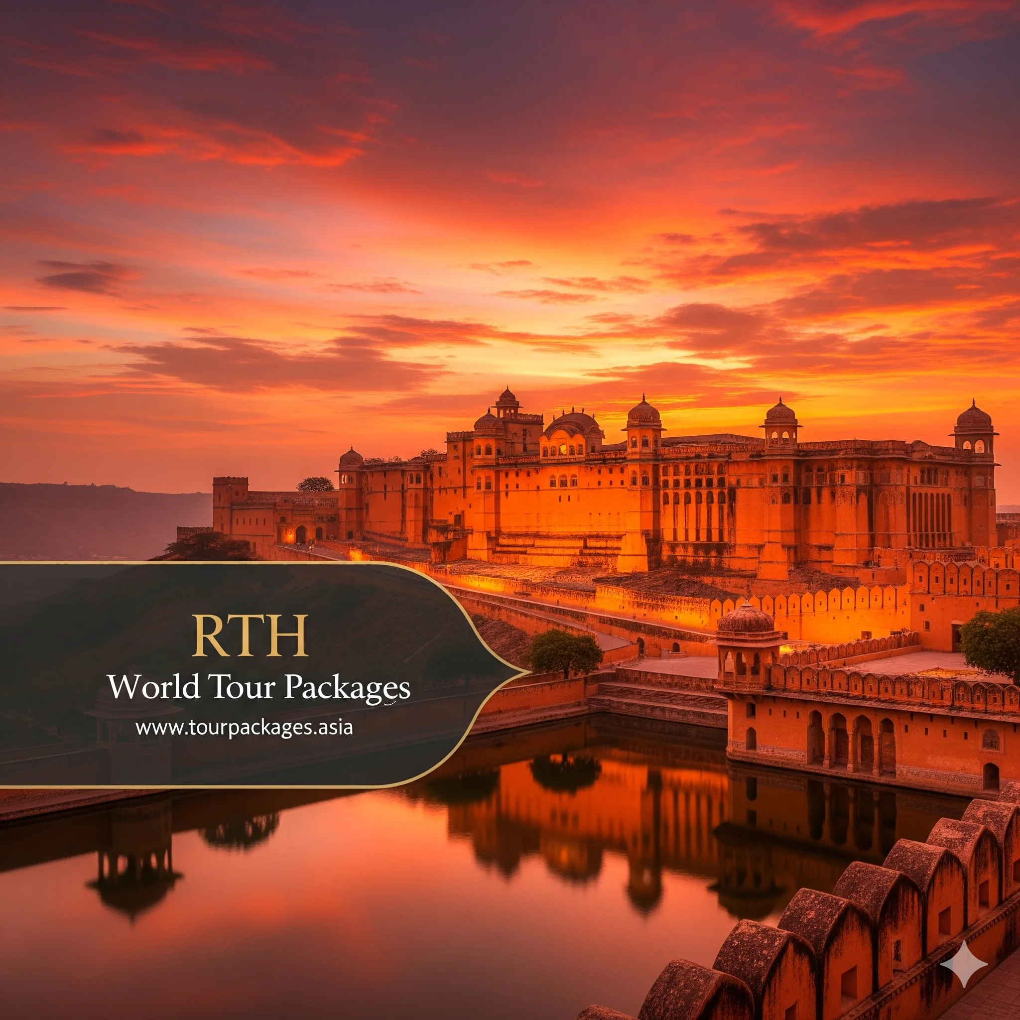 Amer Fort at sunset, reflecting in the lake