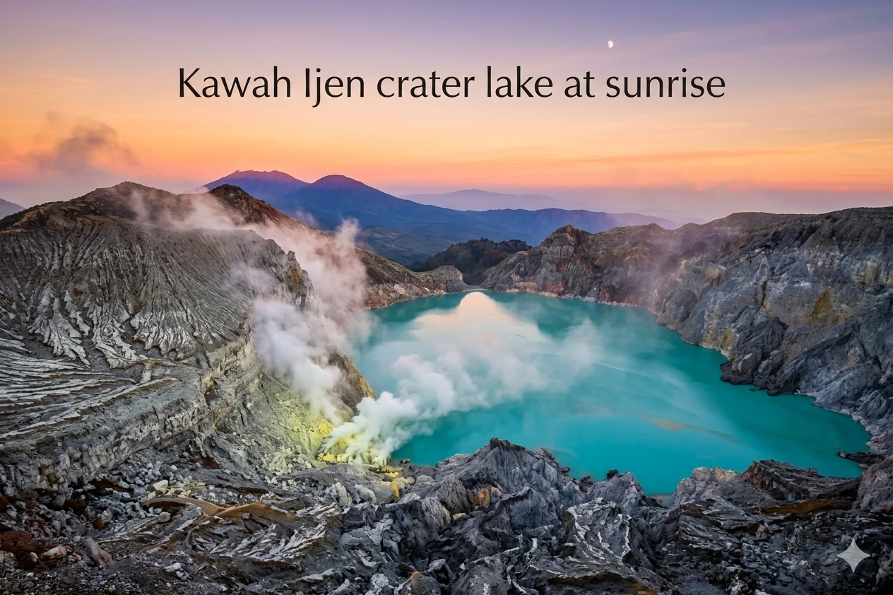 Sunrise view over Kawah Ijen turquoise acid crater lake