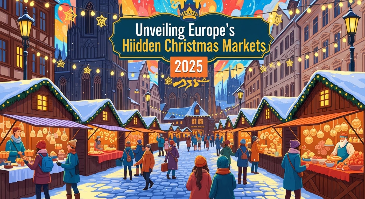 PLACEHOLDER 1: A wide panoramic shot of a snowy, illuminated European town square at dusk, decorated for Christmas.