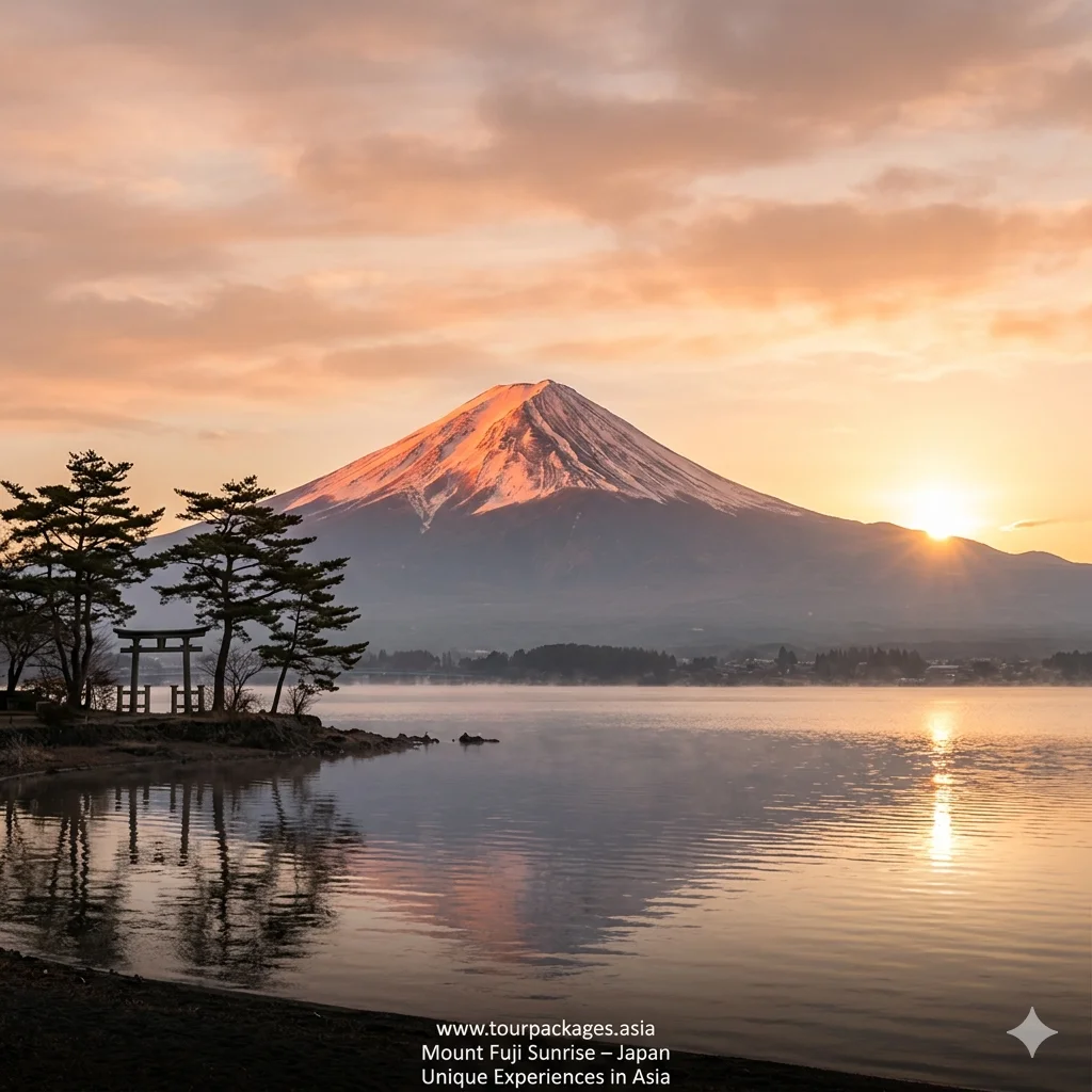 Mount Fuji sunrise — golden light over Japan's iconic peak viewed from the Fuji Five Lakes region