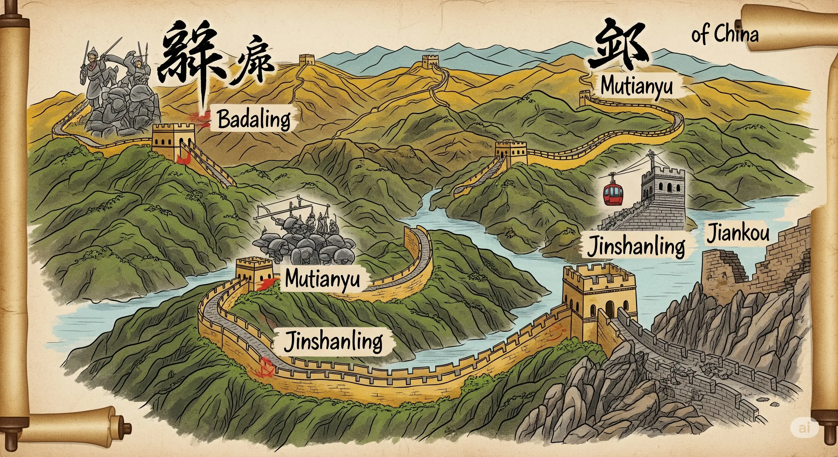 Great Wall of China map with highlighted sections near Beijing