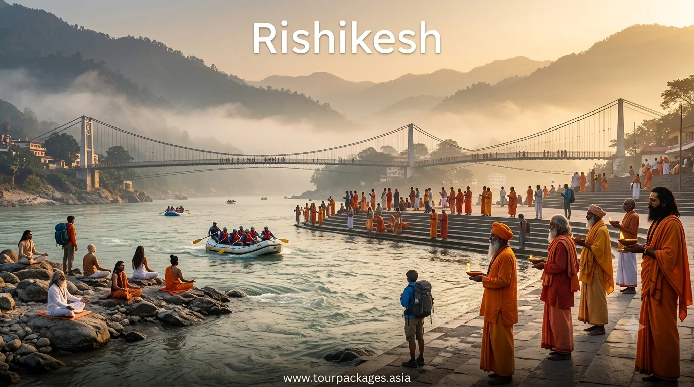 Rishikesh suspension bridge over the Ganga with yoga ashrams and green hills — adventure in Rishikesh