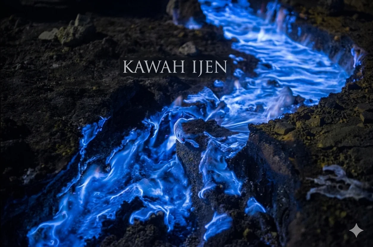 Close-up of blue sulfur flames at Kawah Ijen crater