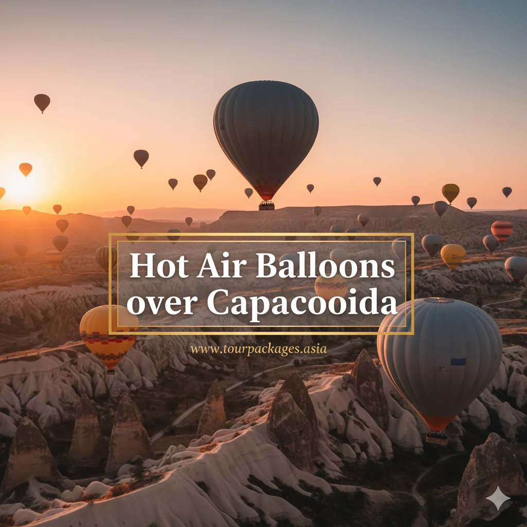 Hot air balloons floating over the fairy chimneys of Cappadocia, Turkey.