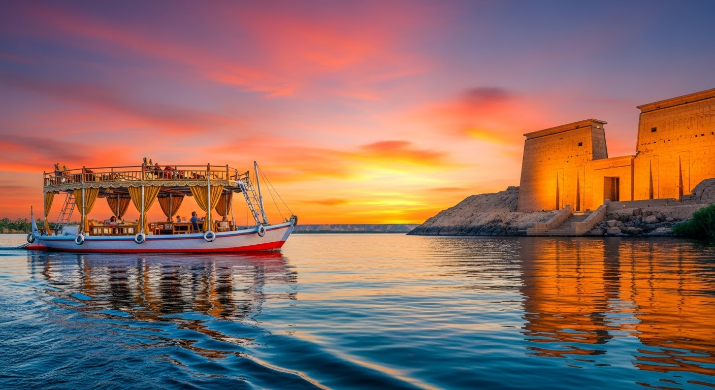 The massive columns of Luxor Temple seen at sunset from a boat on the Nile.