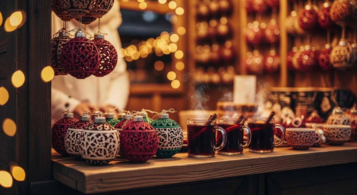 PLACEHOLDER 3: A picturesque canal scene in Colmar, France, decorated with Christmas lights and reflections in the water.