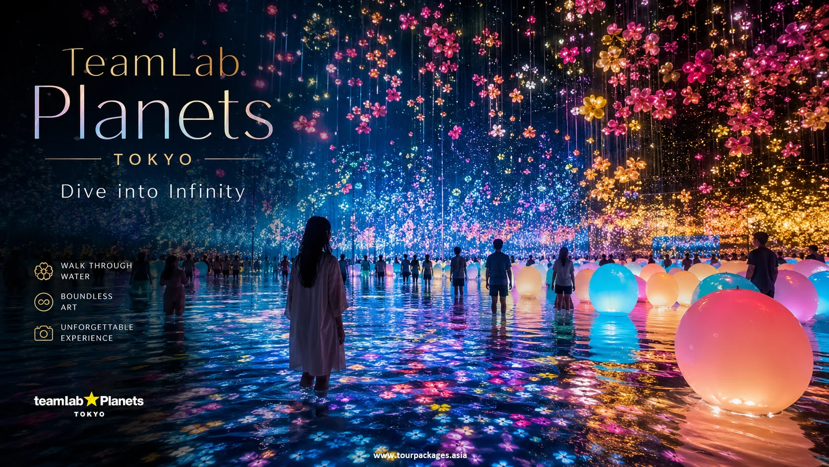 TeamLab Planets Tokyo immersive digital art experience — colorful mirror reflections and water installations