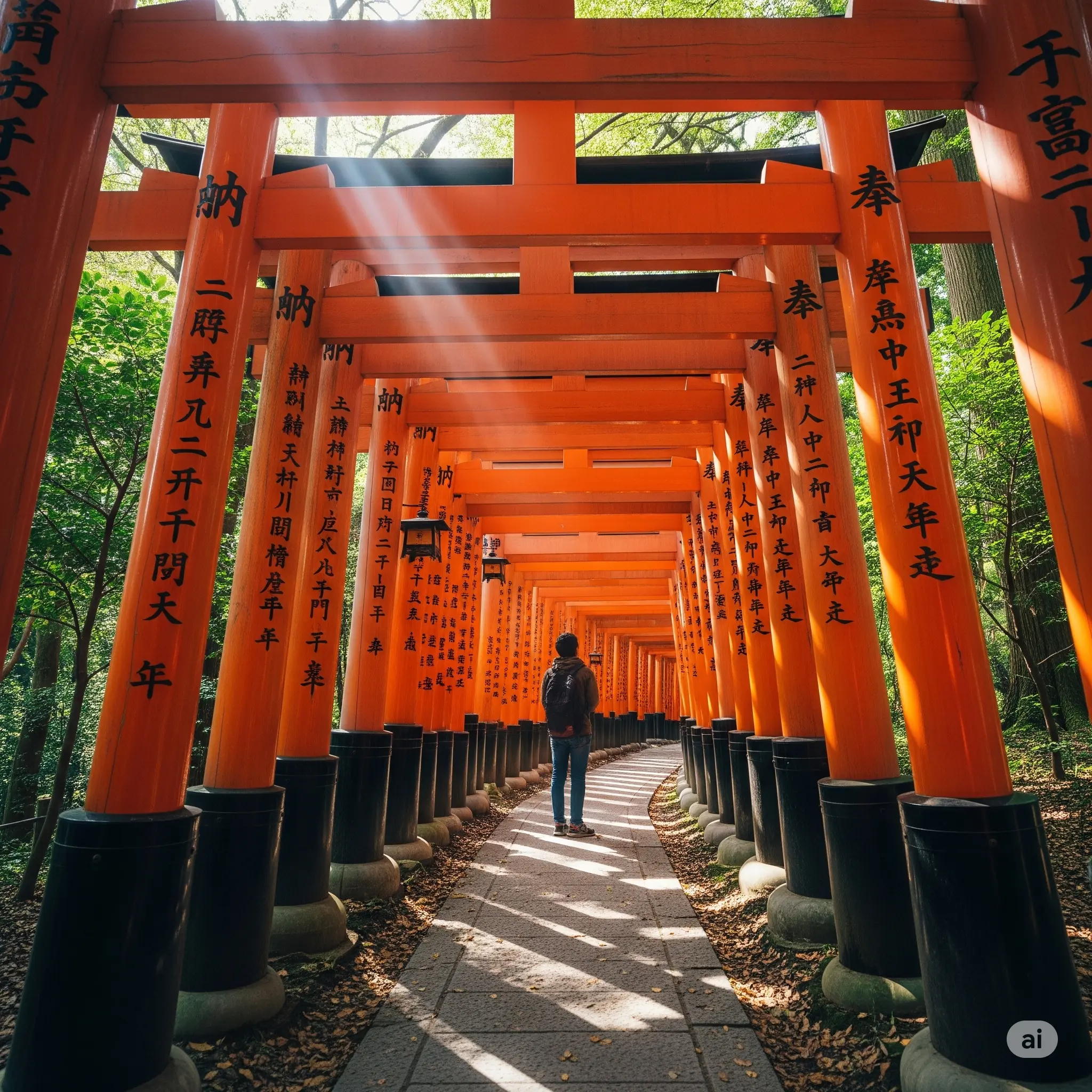 A view inside the dense winding paths of Senbon Torii gates