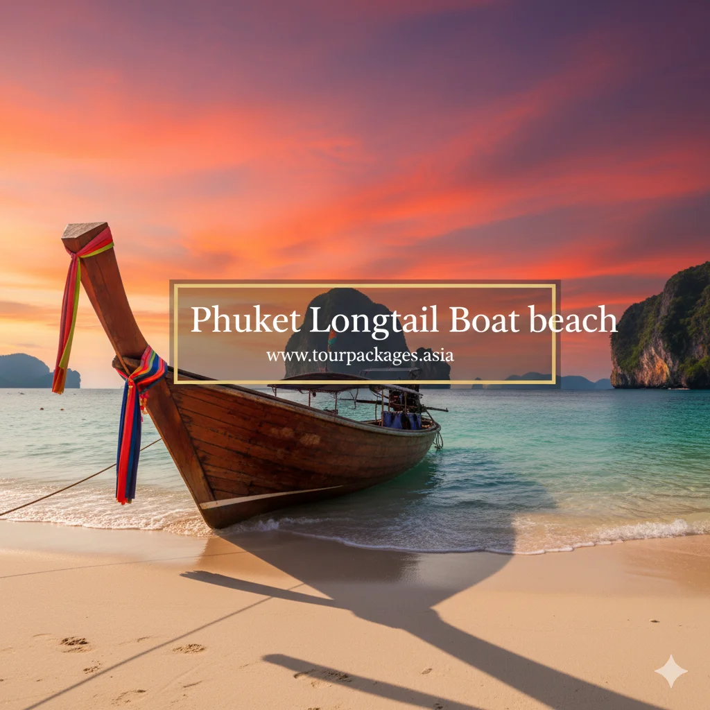 A longtail boat on a serene beach with limestone cliffs in Phuket or Krabi.