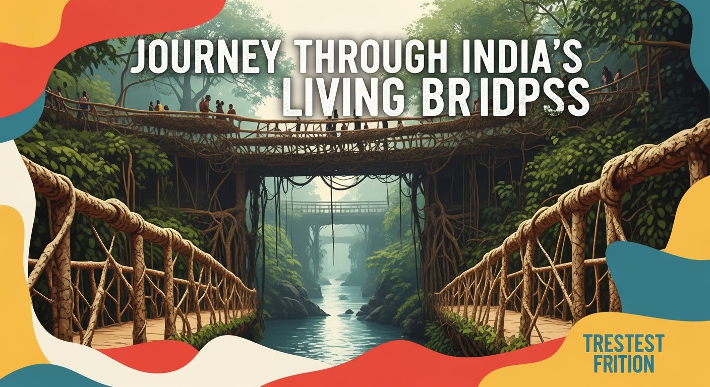 Image of the iconic Double Decker Living Root Bridge in Nongriat, Meghalaya, spanning a river.