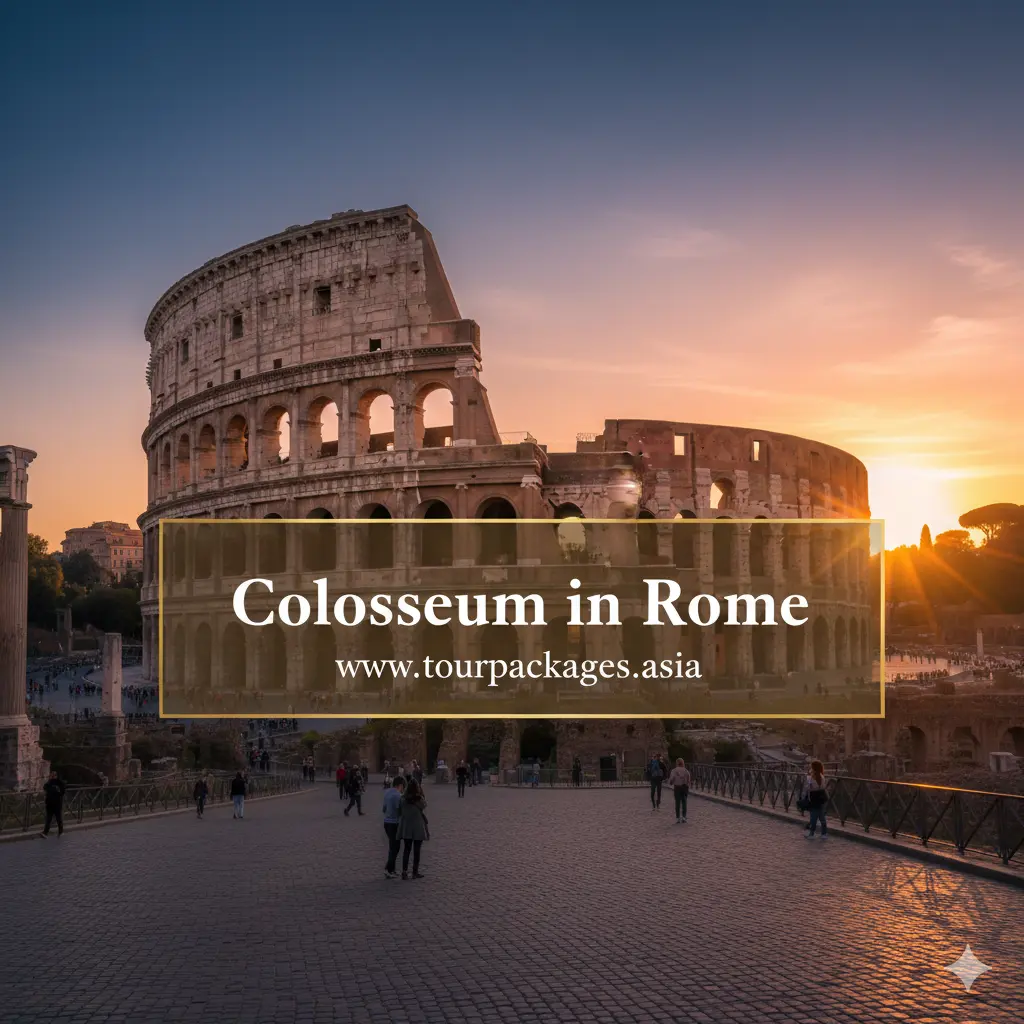 The ancient Roman Colosseum at sunset with a warm glow.