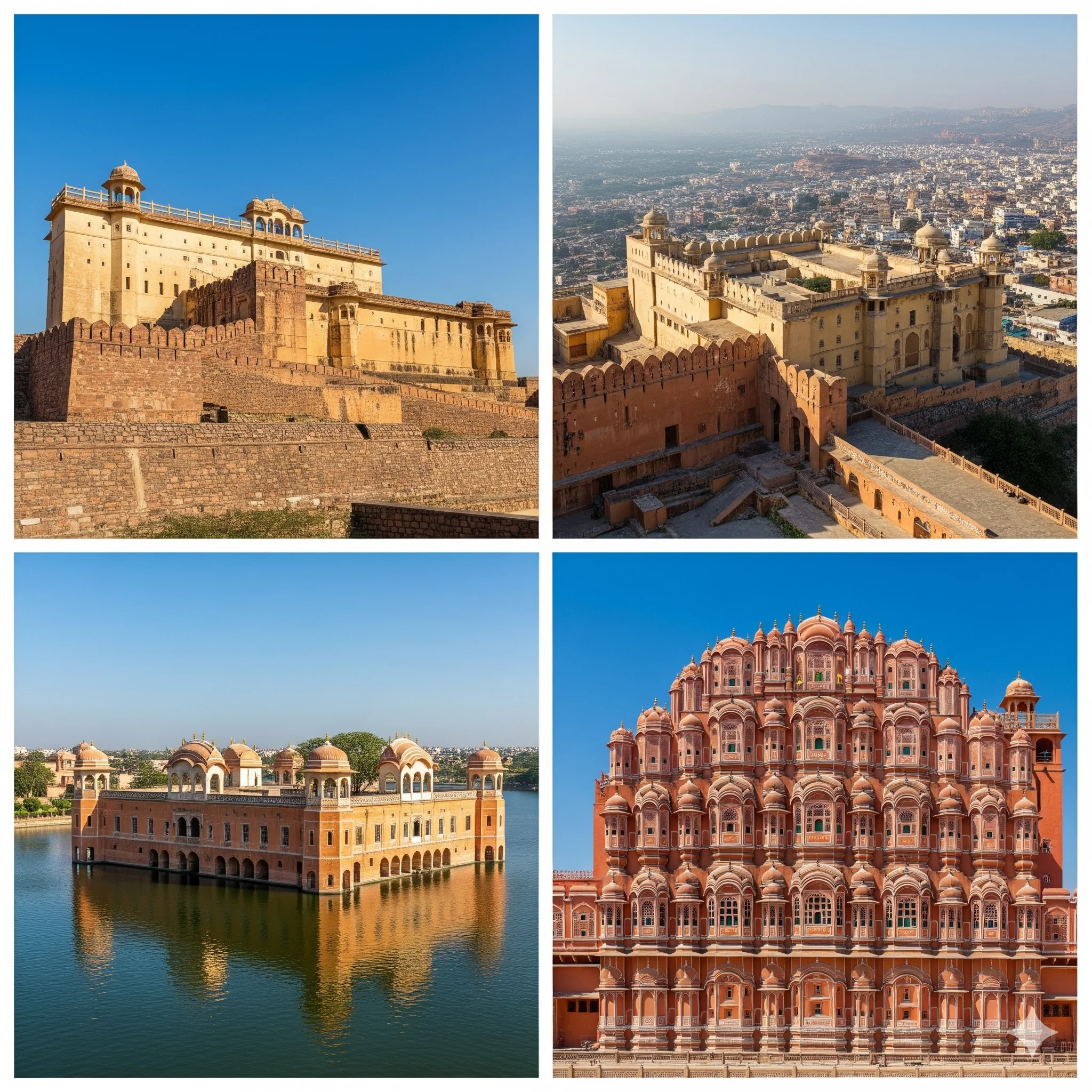 A collage of Hawa Mahal, Jal Mahal, and a local market