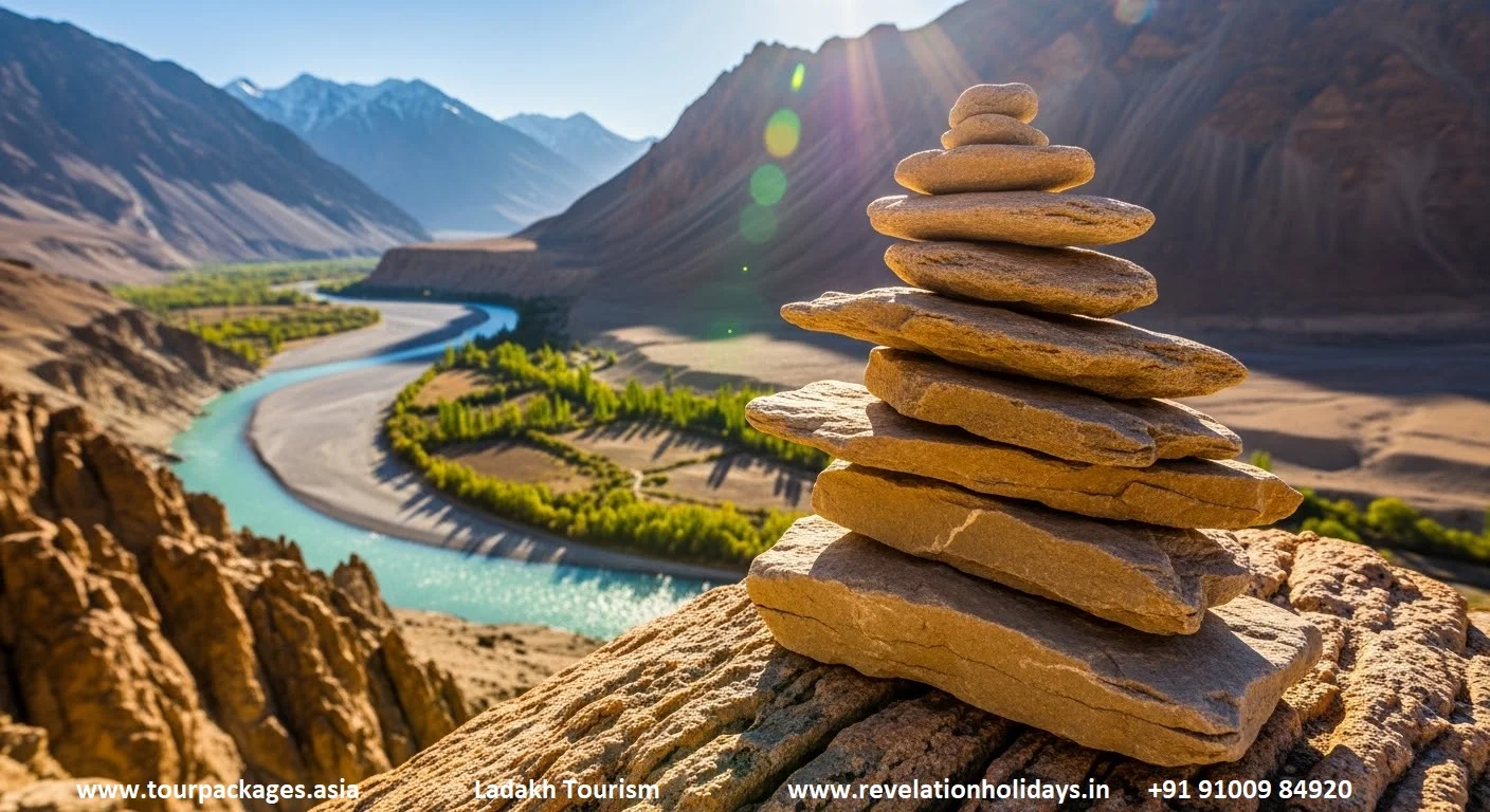 Stacked stone cairn above the turquoise Indus River winding through Ladakh's valley — meditation landscape