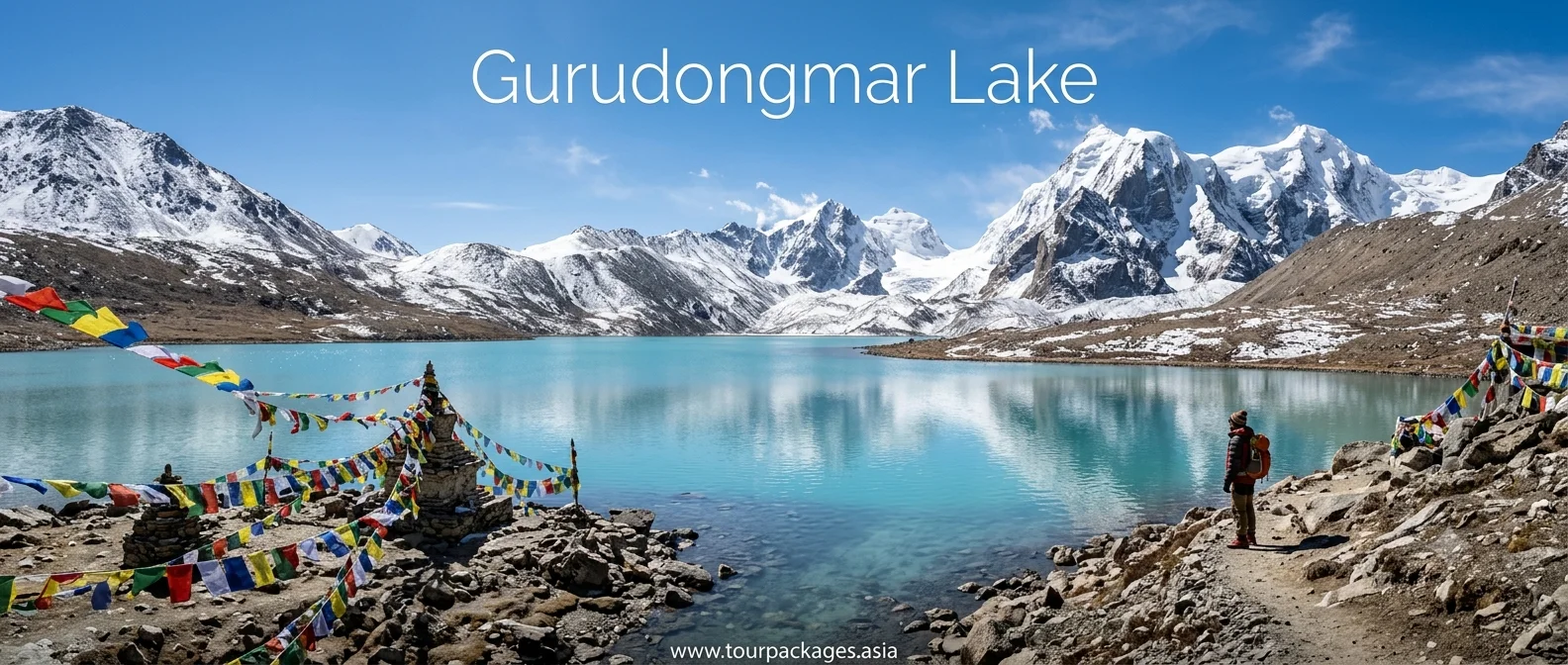 Gurudongmar Lake in North Sikkim with snow-capped Himalayan peaks reflecting in turquoise glacial water
