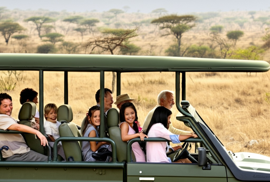  A multi-generational family (with children and an elder) on a safari jeep watching elephants in an African landscape.