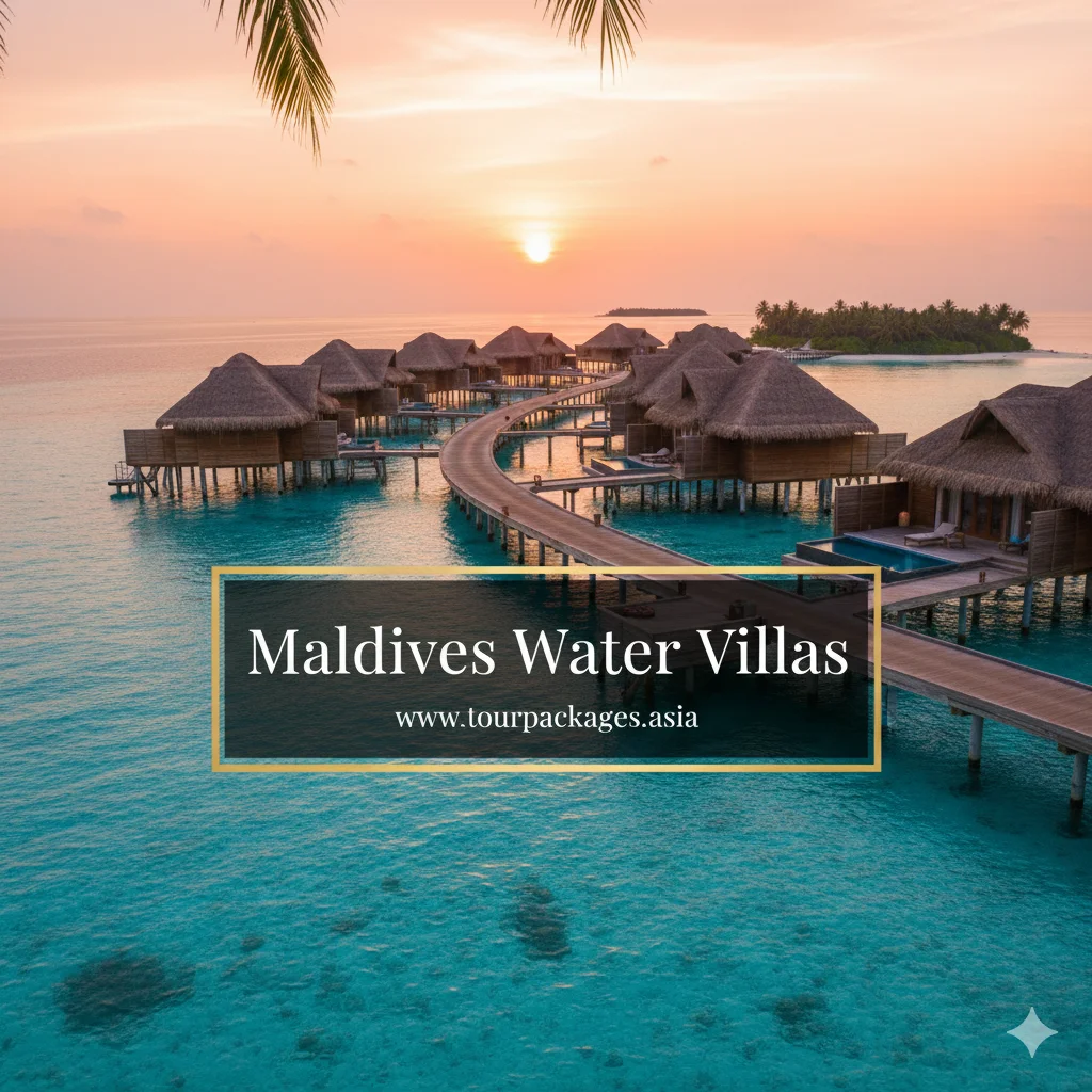 Luxury water villas stretching over the turquoise ocean in the Maldives.