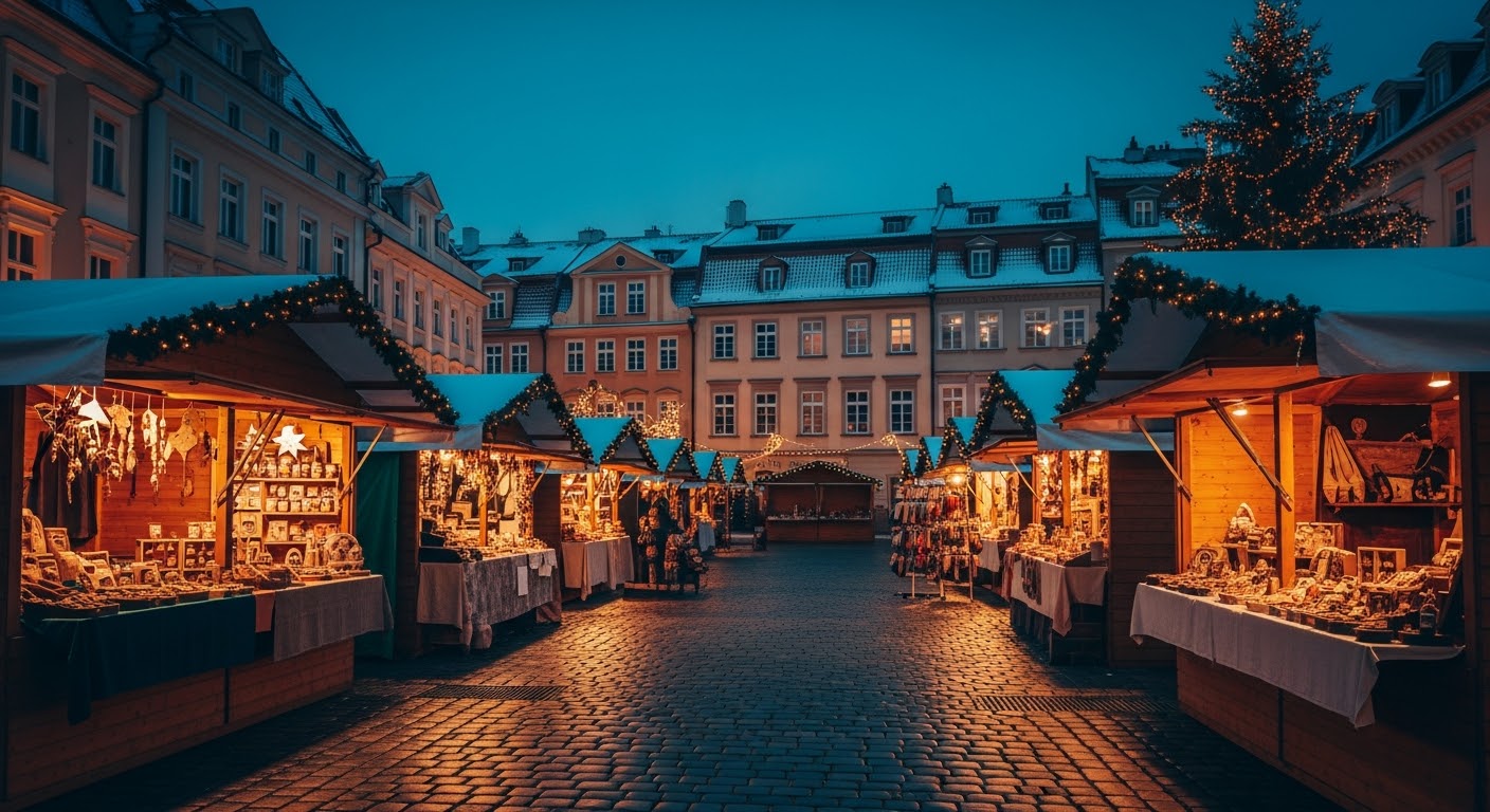 PLACEHOLDER 4: A breathtaking view of Hallstatt, Austria, with the market stalls set against the backdrop of a lake and snowy mountains.