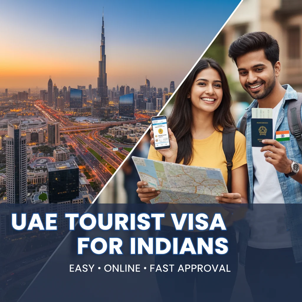 Indian passport with UAE tourist visa stamp, representing e-visa, express, urgent, transit, and multiple-entry options for 2025 travel.