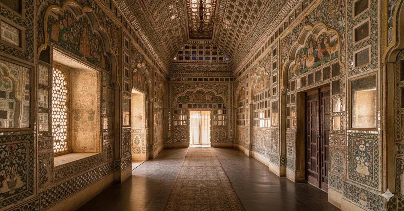 Intricate interior of Sheesh Mahal with mirror work