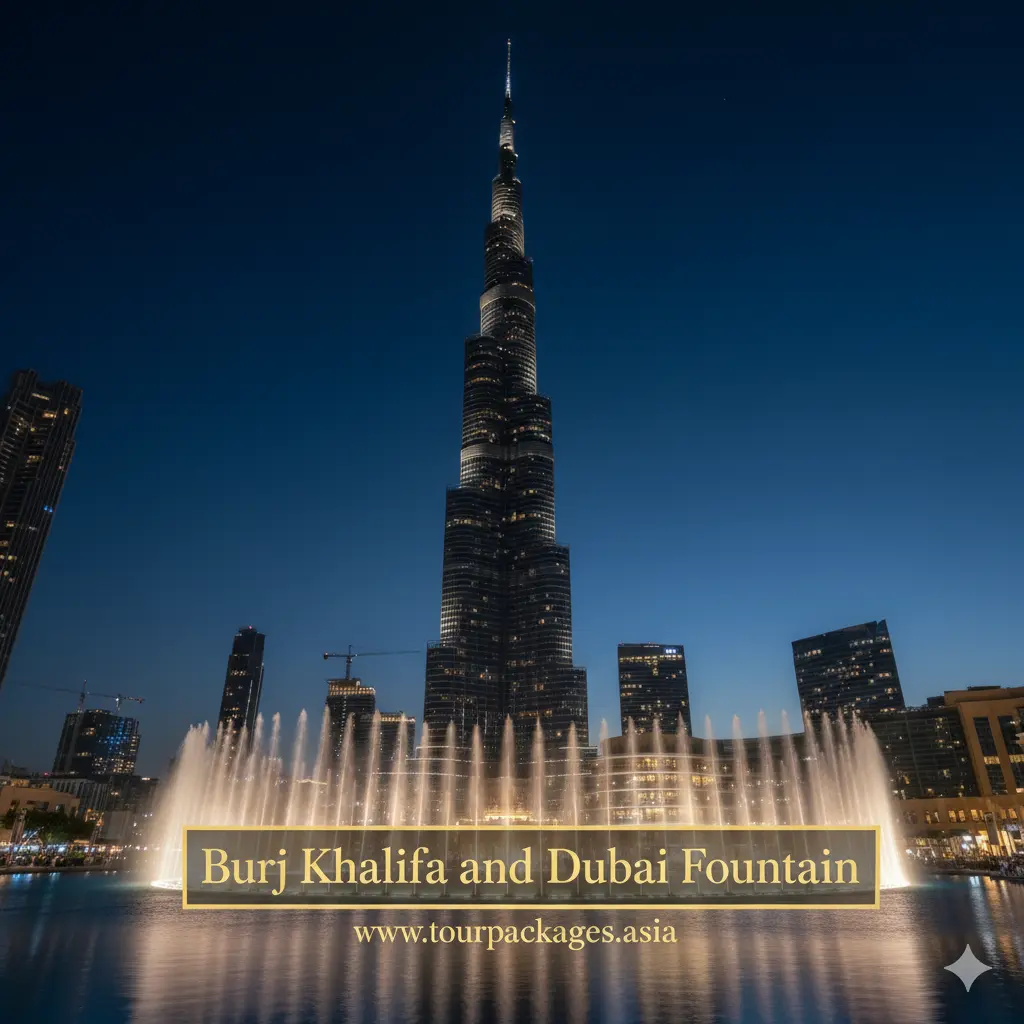 The Burj Khalifa towering over the Dubai Fountain at night, with a light show.