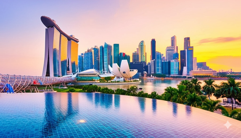 The iconic Marina Bay Sands hotel in Singapore with its boat-shaped Skypark and infinity pool.