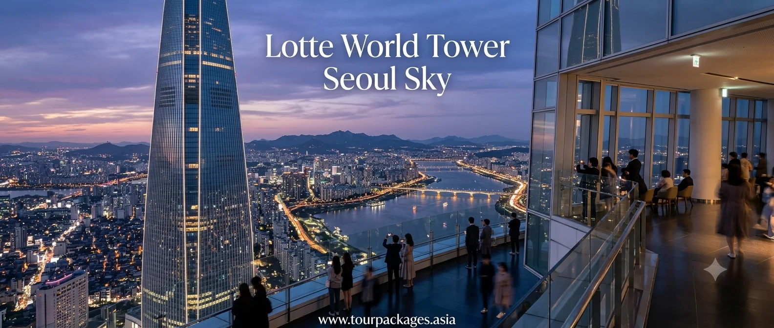 Seoul skyline with Han River viewed from Seoul Sky Observatory at the top of Lotte World Tower at dusk