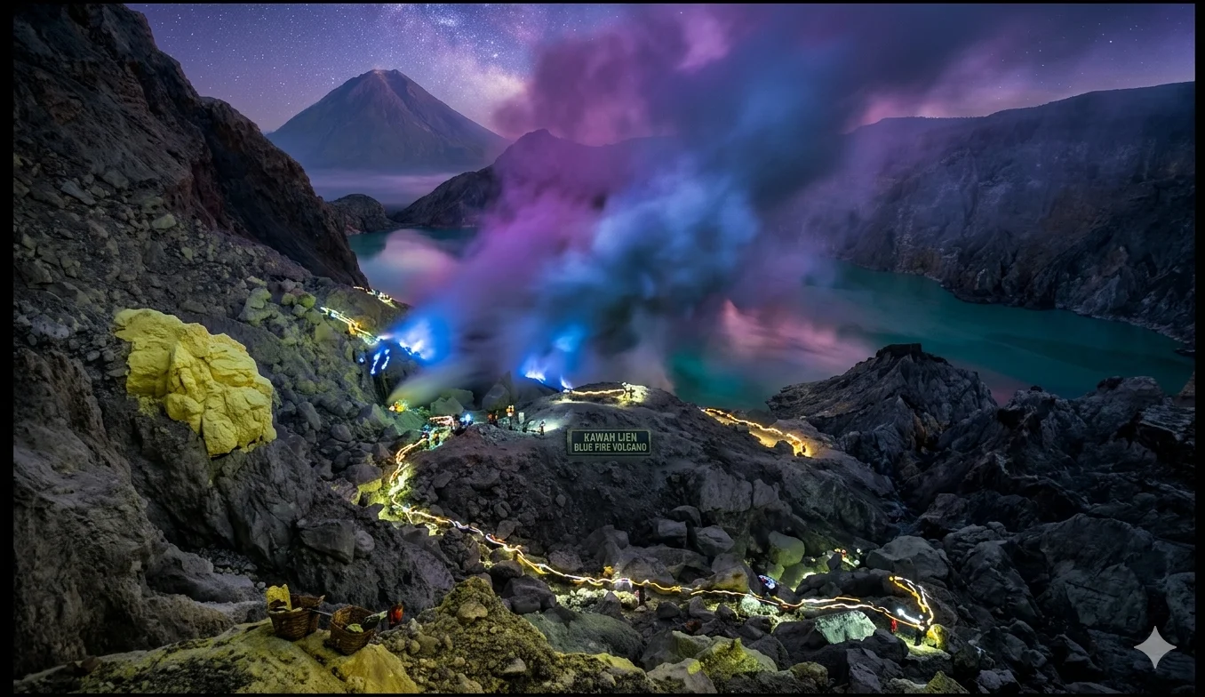 Kawah Ijen blue fire volcano at night — Indonesia
