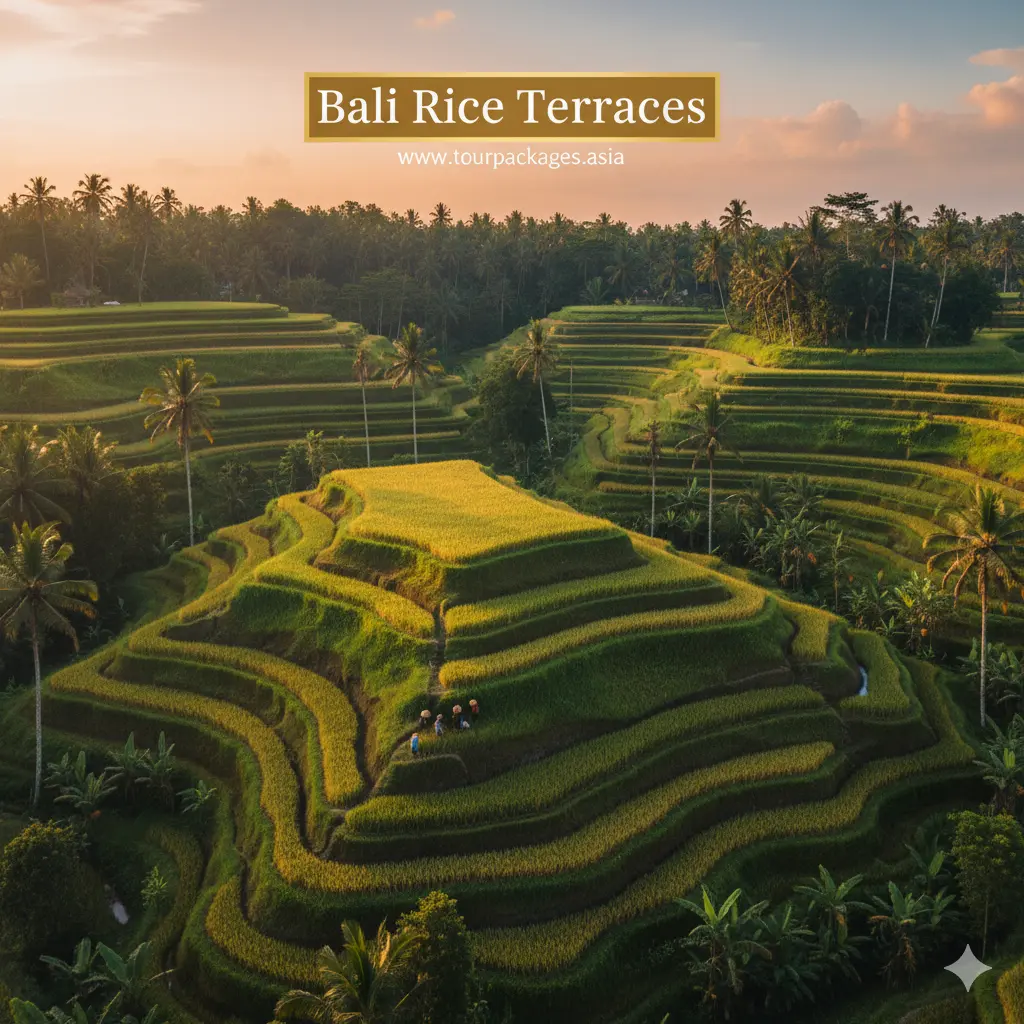 Lush green rice terraces with a palm tree in Bali, Indonesia.
