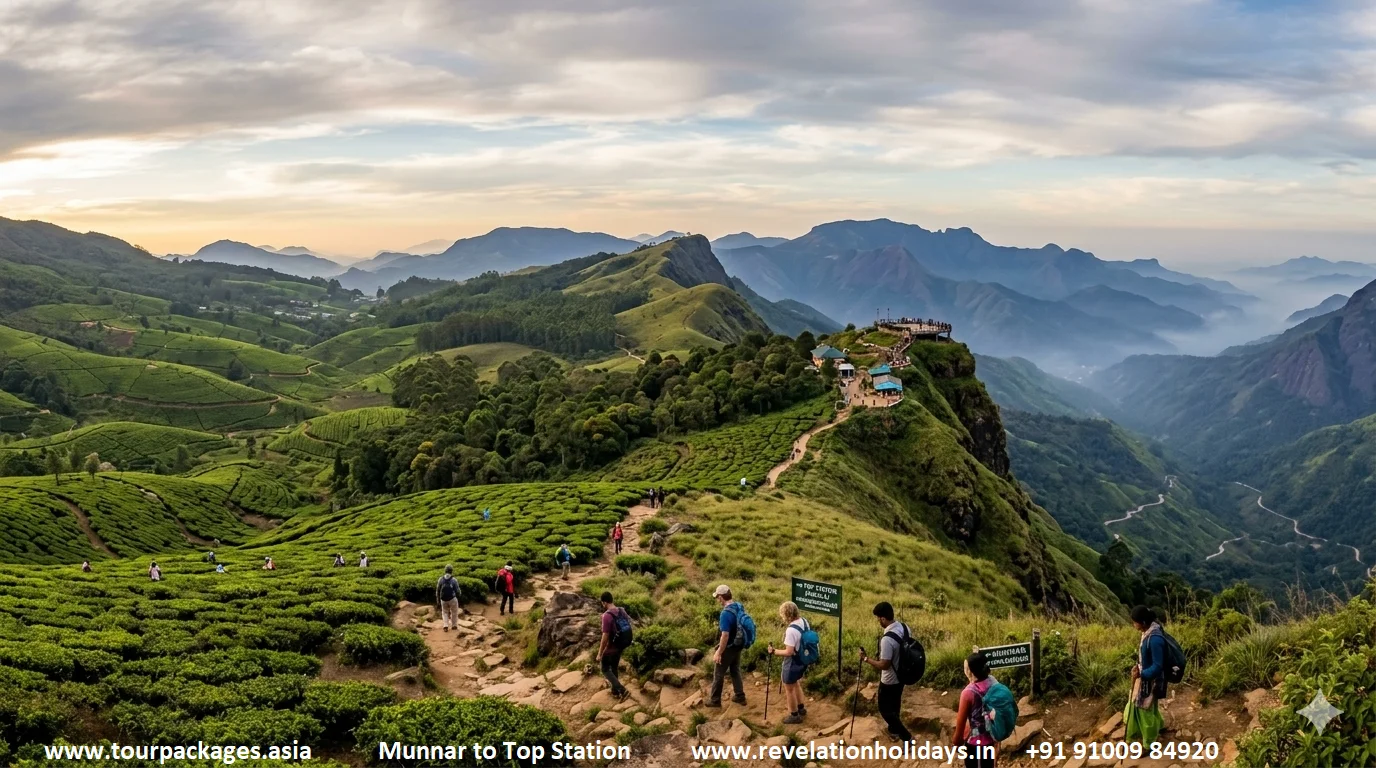 Munnar to Top Station drive — sweeping view of rolling green tea gardens on the Kannan Devan Hills with hikers ascending a mountain trail at sunset, misty blue mountain ridges in the background and a winding road visible below in the Western Ghats landscape