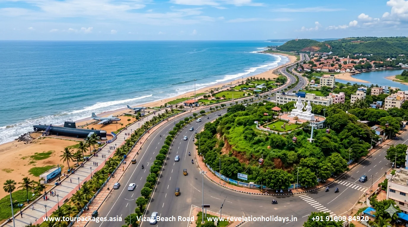 Visakhapatnam Vizag beach road coastal drive — RK Beach to Bheemunipatnam along the Bay of Bengal with Kailasagiri hill, Rushikonda blue flag beach and the submarine museum
