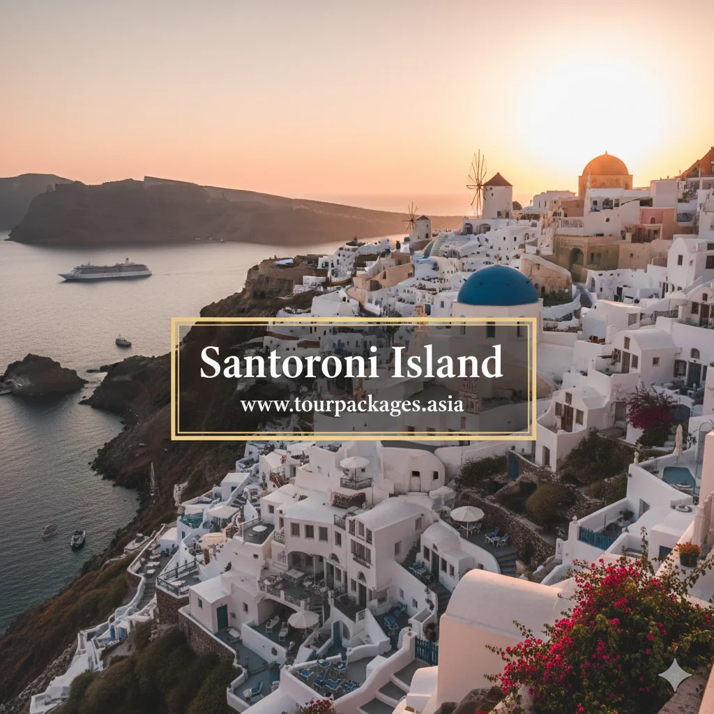The iconic white buildings and blue domes of Santorini, Greece, overlooking the sea.