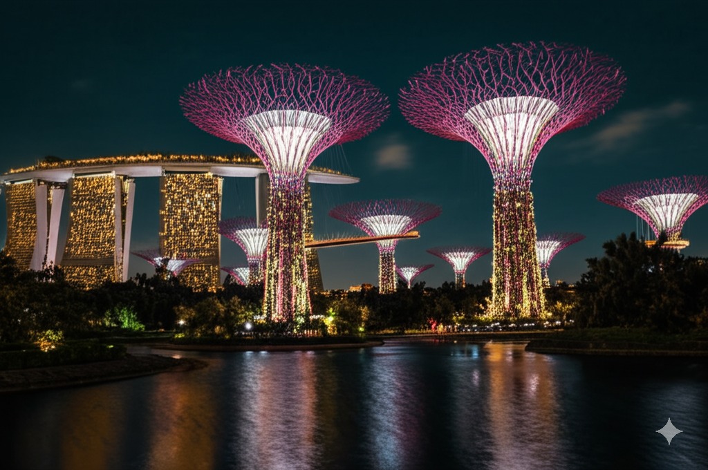Gardens-by-the-Bay-Supertrees-illuminated-at-night-in-Singapore