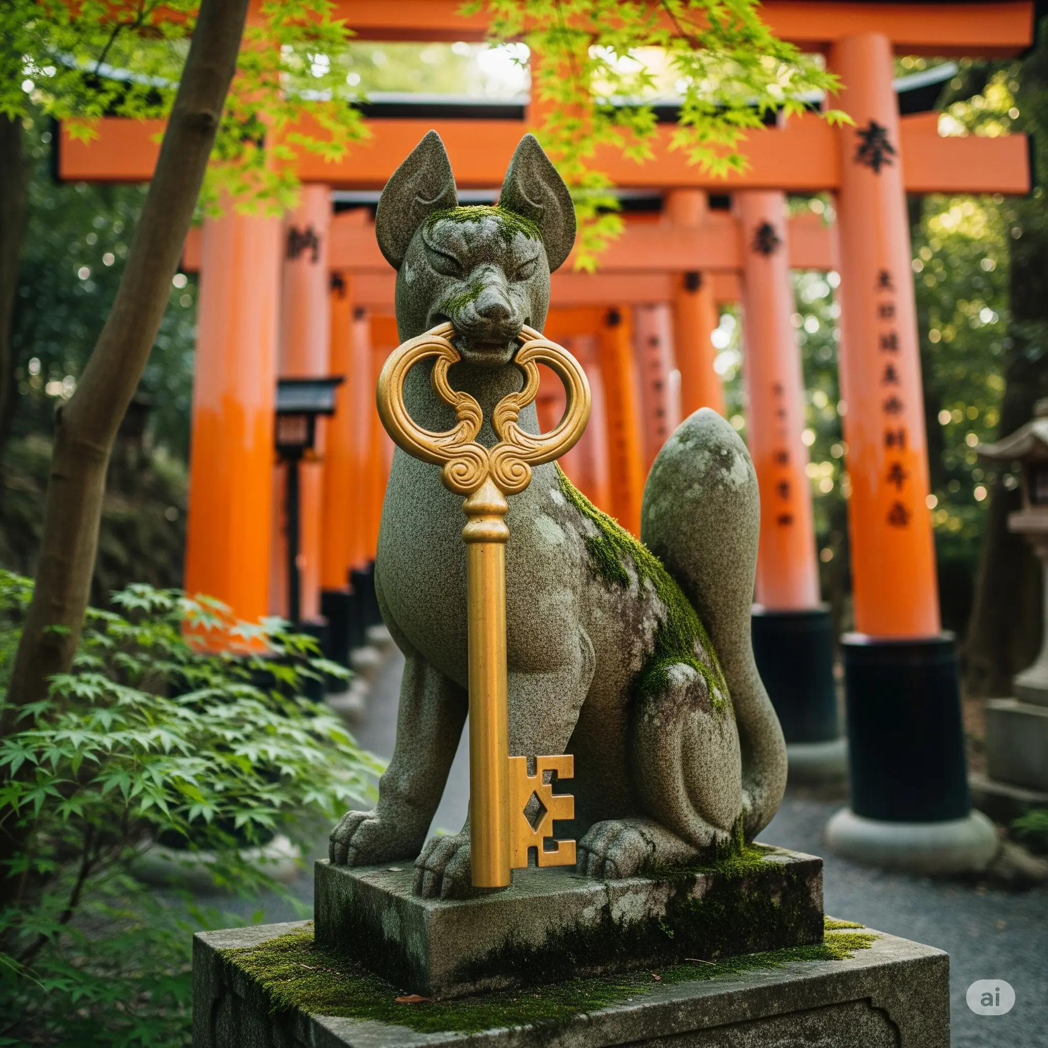 A kitsune (fox) statue holding a key in its mouth at Fushimi Inari