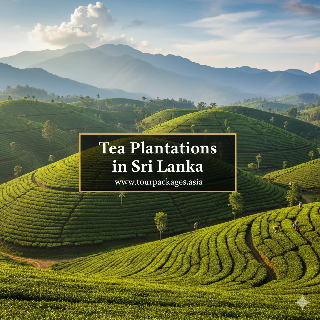 Lush green tea plantations on rolling hills in Nuwara Eliya, Sri Lanka.