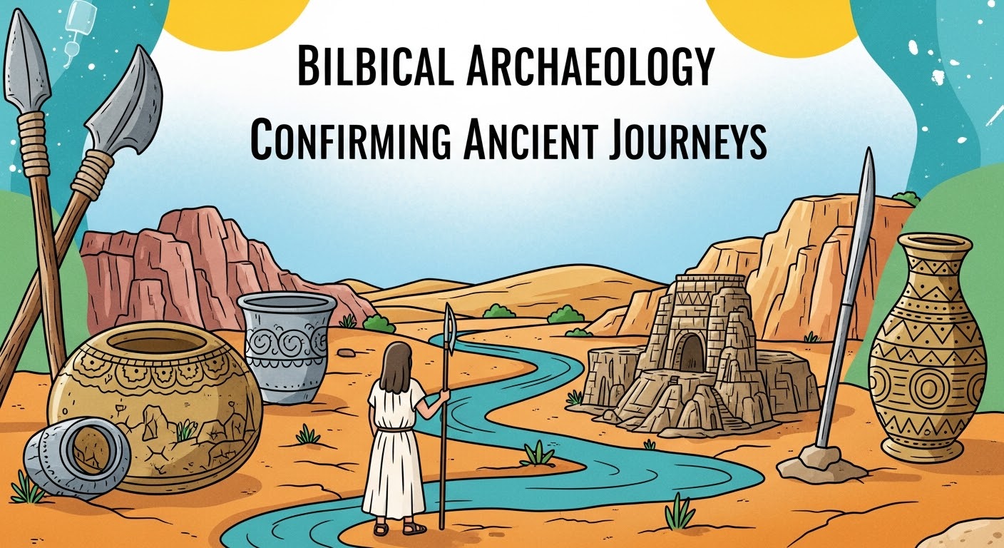 Archaeological dig site in the Middle East with artifacts and desert landscape.