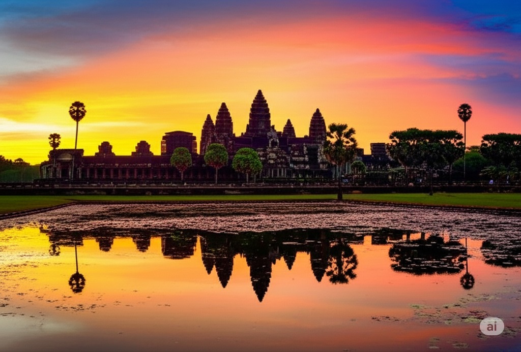 Grand panoramic view of Angkor Wat temple complex at sunrise, Cambodia.