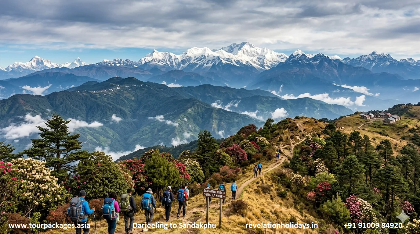 Trek and drive from Darjeeling to Sandakphu high altitude plateau in West Bengal — panoramic view of the Singalila Ridge at Sandakphu (3,636 m) with Kangchenjunga, Makalu and Everest visible on the horizon, forested mountain trail in foreground