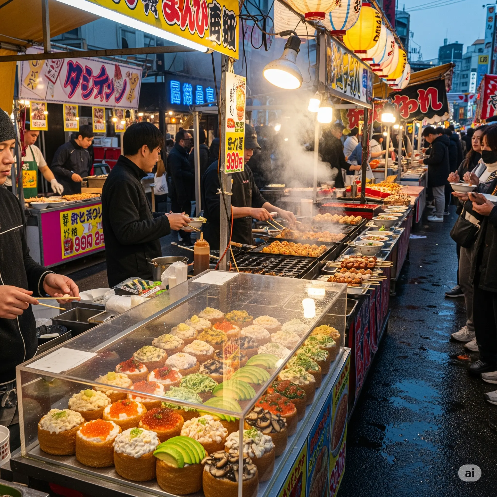 Street food stalls near Fushimi Inari selling Inari Sushi and other Japanese snacks