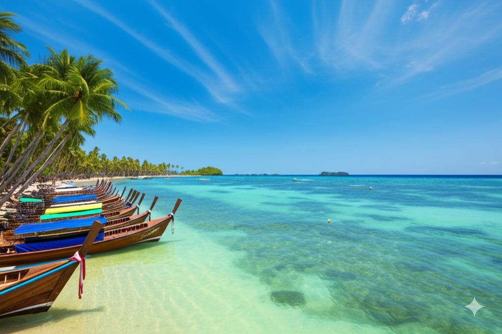 Beautiful Thai beach with palm trees and clear water, referencing the style of The White Lotus.