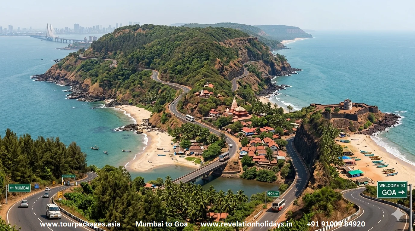 Mumbai to Goa NH66 coastal highway — the Konkan coast drive showing sea-fort country, laterite cliffs, Arabian Sea views and the NH66 winding through Maharashtra and Goa
