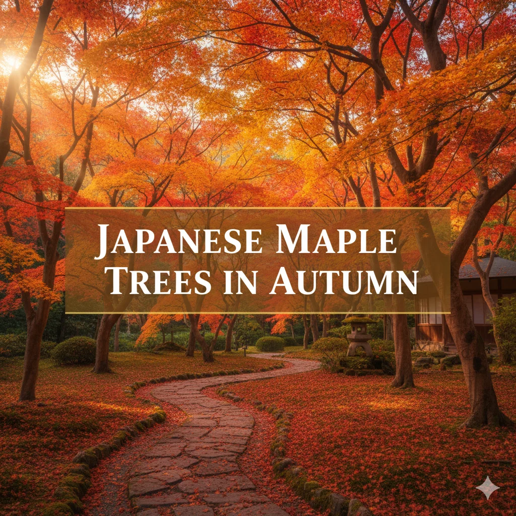 Vibrant red and orange maple trees in a Japanese forest during autumn.